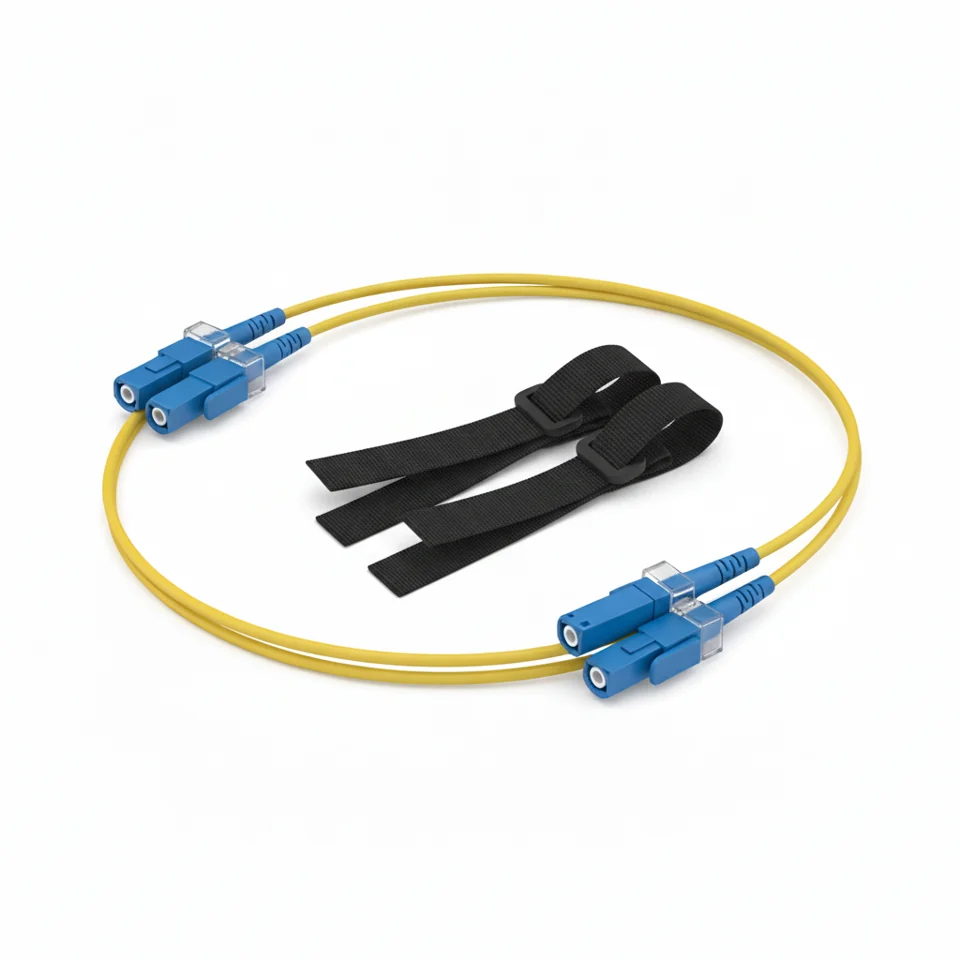 Unbranded patch cords and cable organisers on a technical workbench